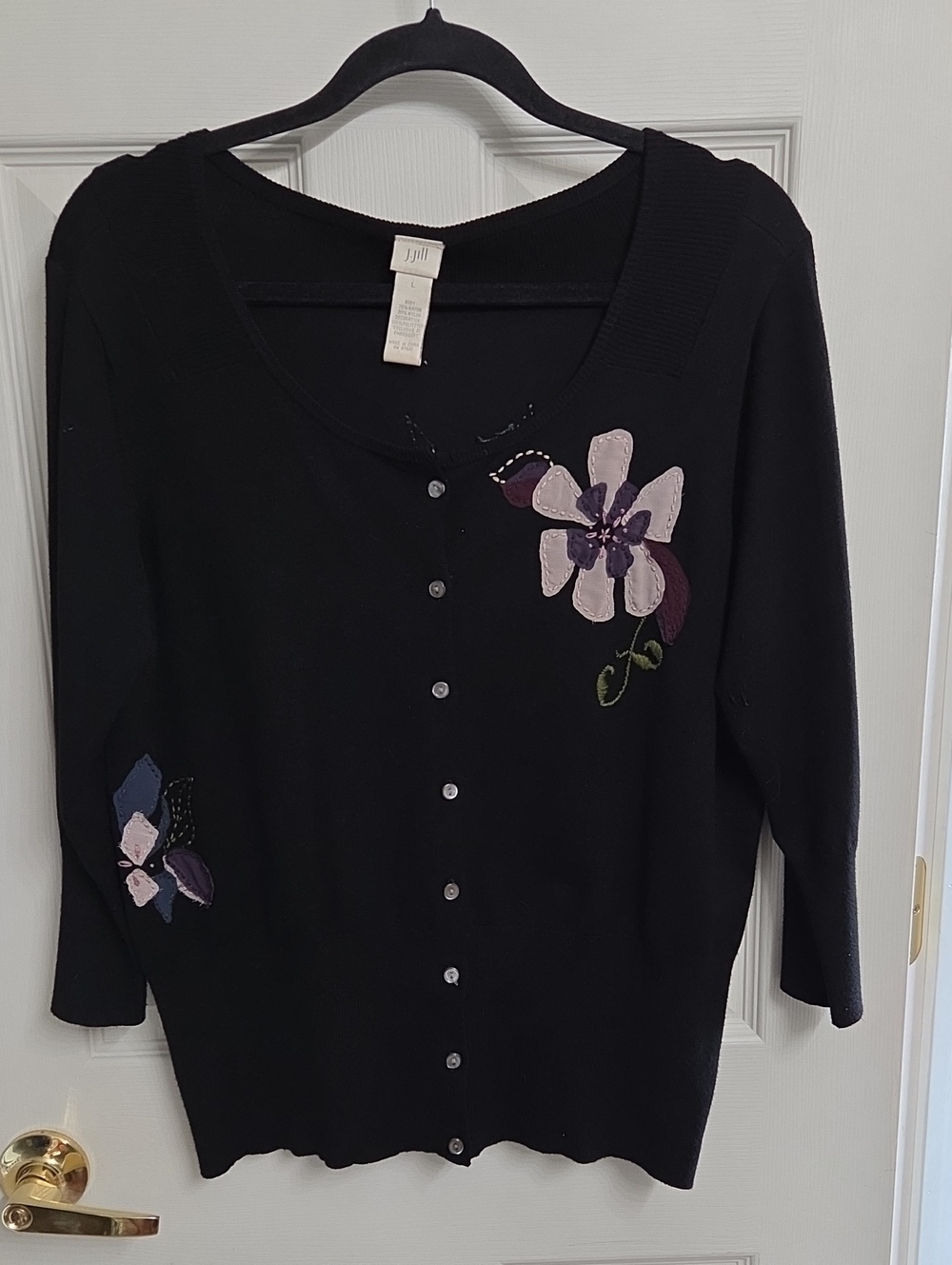 J. Jill Black Button-Front Cardigan with Purple and Pink Floral Appliqué